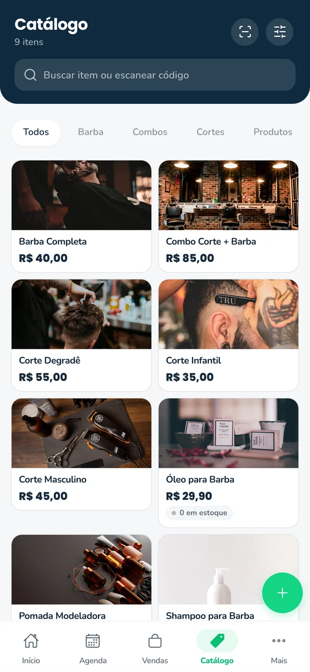 Tela real do catálogo Ligga, com serviços e produtos de uma barbearia de demonstração