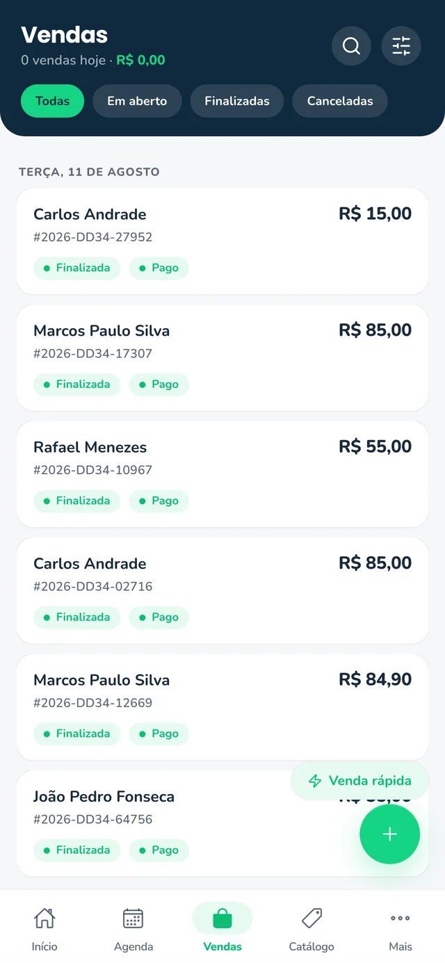 Tela real de vendas Ligga com registros e pagamentos de demonstração